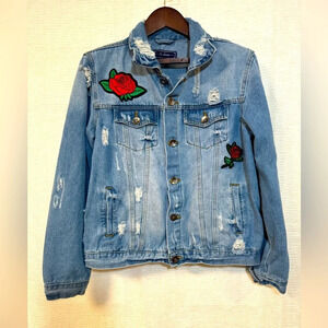 Ci Sono Distressed Demin Jacket with red rose decals SIZE Small